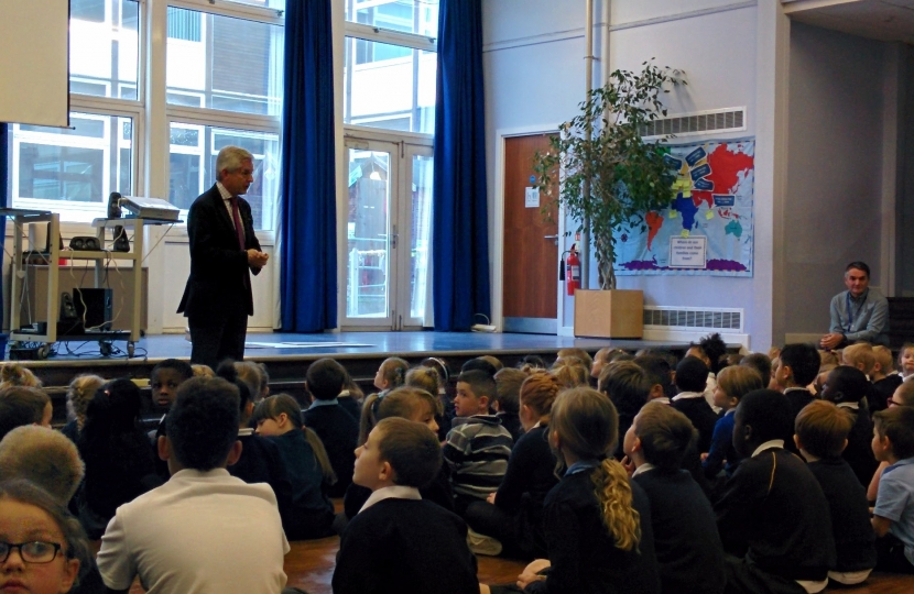 Richard at a Moat Primary School assembly